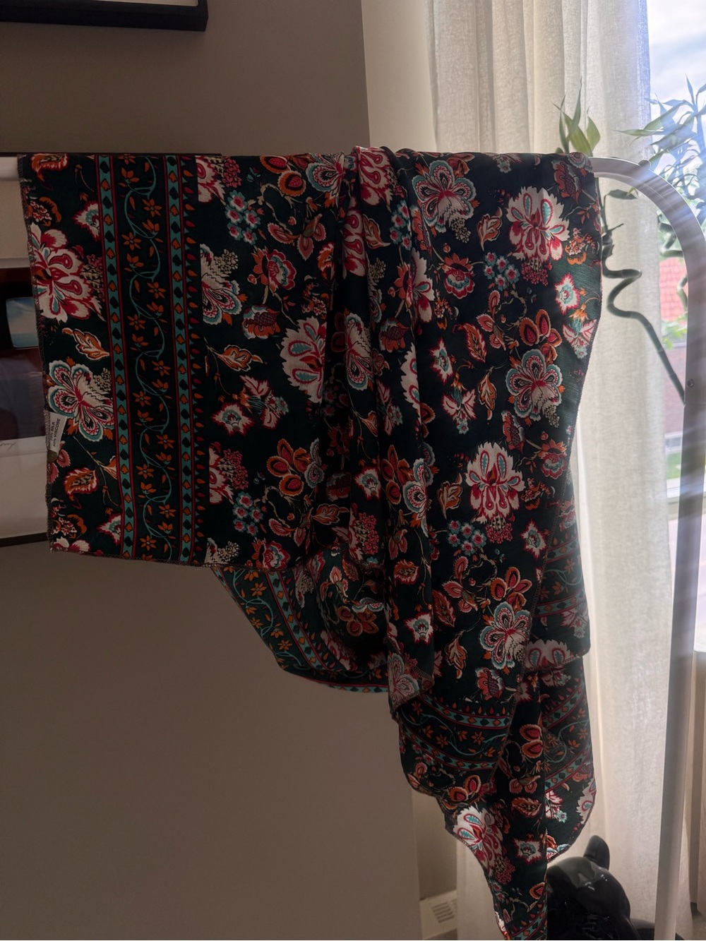 Green Floral Boho Scarf with Red & Teal Accents